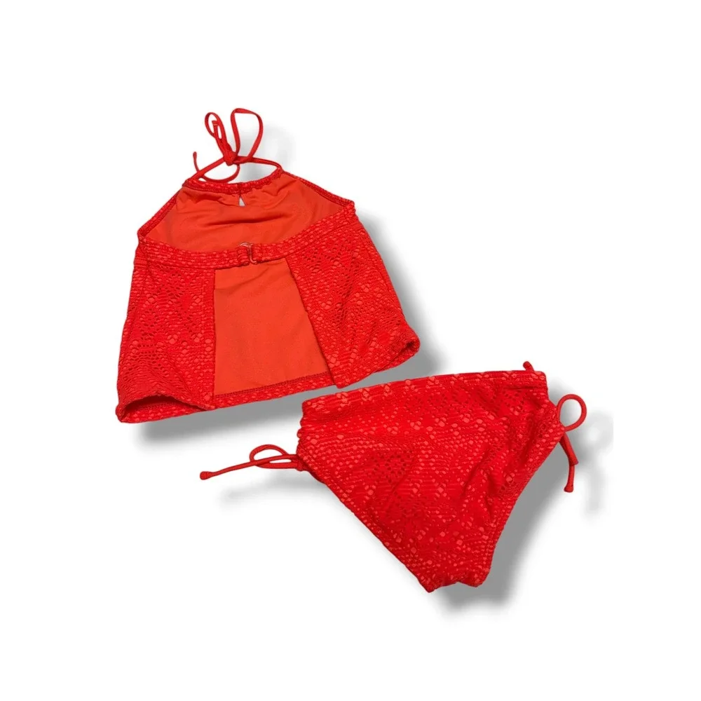 Justice Girl Neon Orange Eyelet Lace Tankini Swimsuit Set Sequin Floral Halter 6